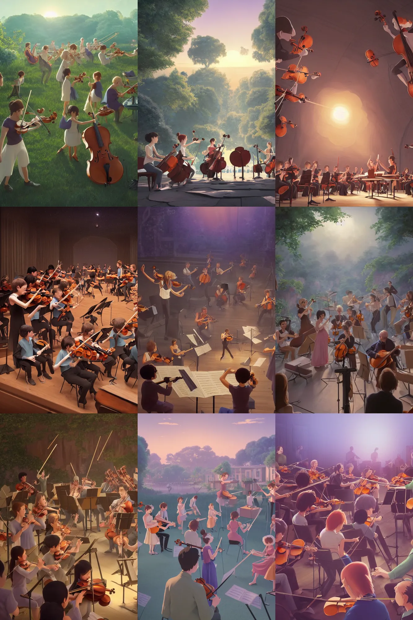 Prompt: a wholesome illustration of a group of slotha playing in an orchestra, violin, cello, flute, tuba, trumpet, drums, studio Ghibli, Pixar and Disney animation, sharp, Rendered in Redshift and Unreal Engine 5 by Greg Rutkowski, Bloom, dramatic lighting, sunrise