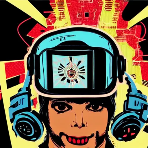 Prompt: Illustrated by Shepard Fairey and H.R. Geiger | Cyberpunk Michael Jackson with VR helmet, surrounded by cables