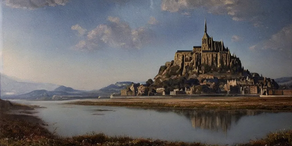 Image similar to masterpiece oil painting portraying mont saint michel but it's in the mountains in the style of romanticism landscape painters with a building on the foreground,beautiful!!!!!!!,misty!!!!!!!!!,detailed!!!!!!!,night sky,evocative,reflection in the water,photorealistic,chiaroscuro,soft lighting