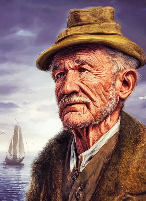 Image similar to realistic renderings portrait of very old fisher man portrait with a hat, port scene background, astonishing scenes, detailed, photorealism, volumetric lighting, autumn lights colors