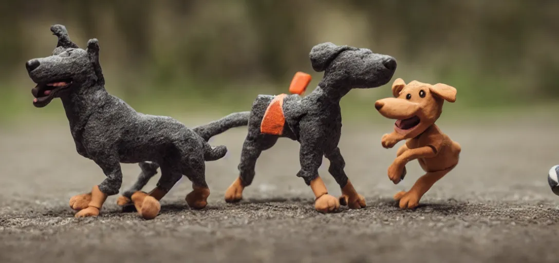 Prompt: dog playing fetch, claymation, stop motion, shallow depth of field