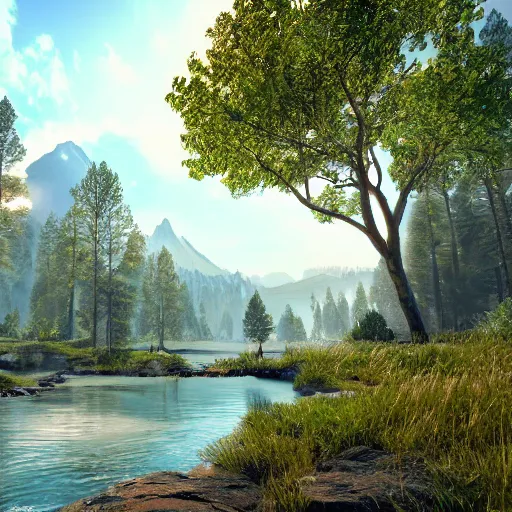 Prompt: nicest scenary on earth, filled with trees, rivers and mountains, unreal engine, photorealistic, ultra - detailed, 4 k high resolution, hdr shot