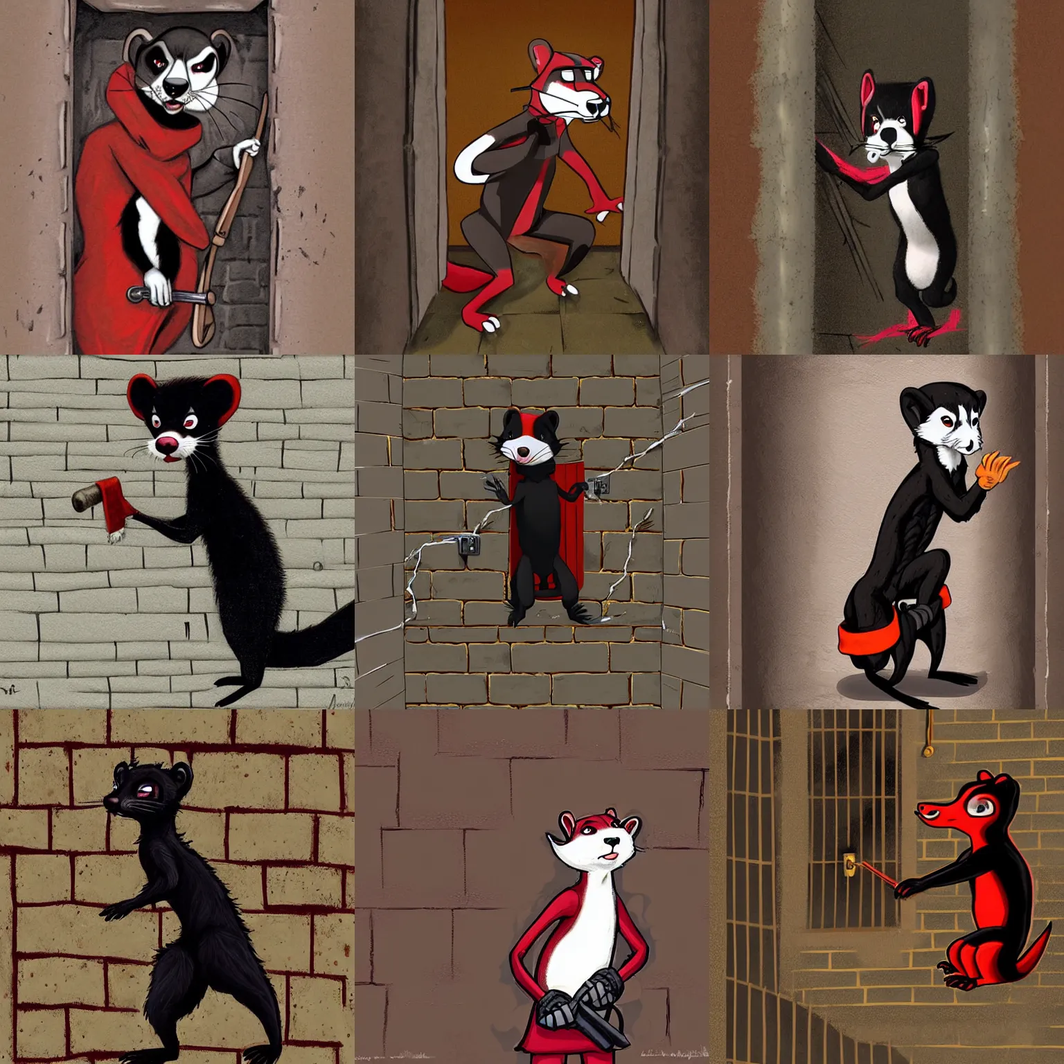 Prompt: an anthropomorphic red - and - black weasel - ferret - stoat fursona / furry ( from the furry fandom ) dressed in prisoner's regalia, scratching and chiseling on a prison cell wall creating cracks and impressions, paint flows through the nooks and crannies, art style : redwall noir