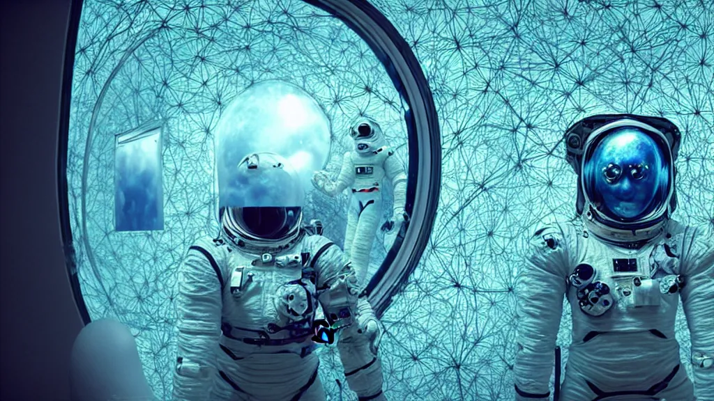 Image similar to a cybernetic symbiosis of a single astronaut eva suit swimming in infected with diamond 3d fractal lace iridescent bubble 3d skin covered with insectoid compound eye camera lenses floats through the living room, film still from the movie directed by Denis Villeneuve with art direction by Salvador Dalí, wide lens,