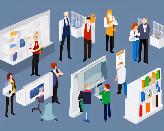 Prompt: A small group of miniature professional people standing holding computers and white papers, isometric, highly detailed, sharp lines, angular 16-color