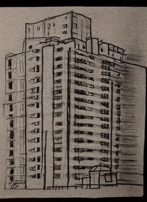 Prompt: child drawing of small soviet apartment building stands at russian suburbs, full frame