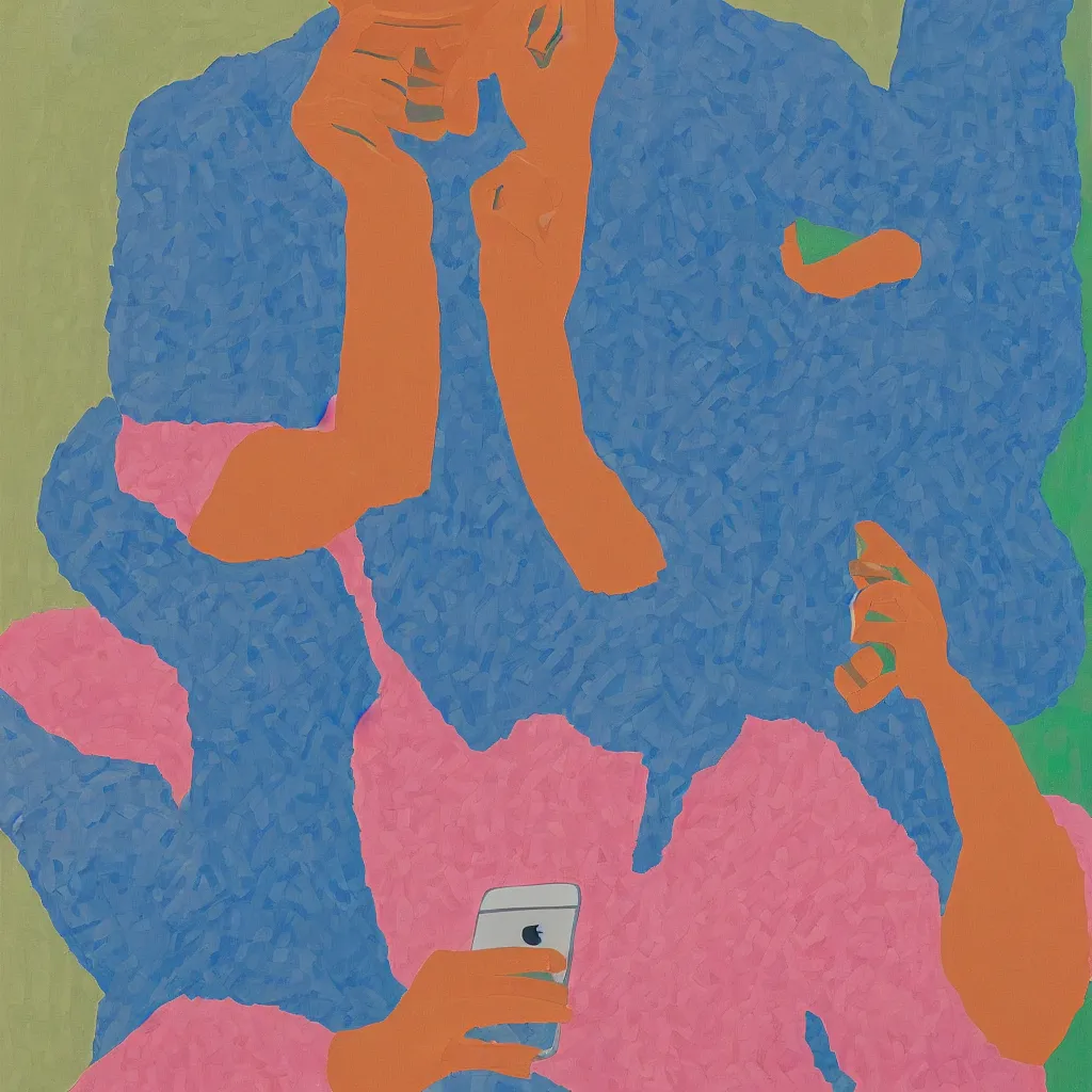 Image similar to i, a young man playing her iphone, by david hockney