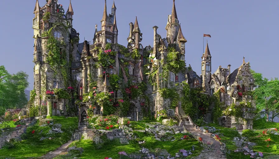 Prompt: Neo-Gothic castle built in the heart of the green mountains with a flower garden surrounding the castle and a fountain in the yard, hyperdetailed, artstation, cgsociety, 8k