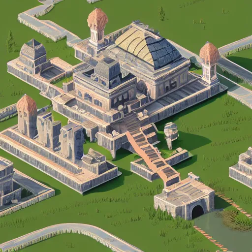 Prompt: Extremely detailed isometric scenery of a palace in the clouds, digital art, low poly, art for video games, 4k