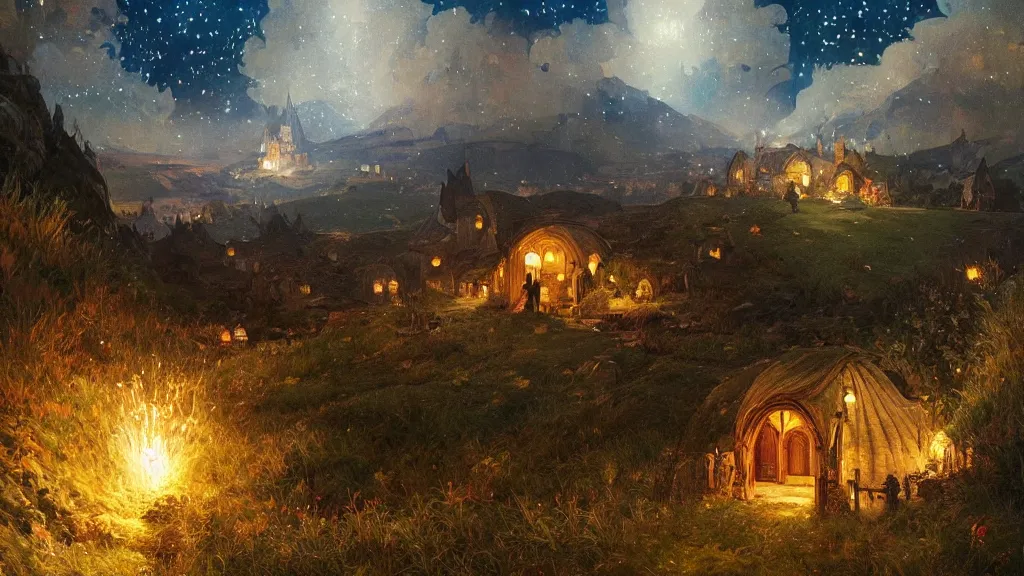 Image similar to a beautiful painting of hills in the shire with round hobbit doors and windows during a fireworks festival, at night with a sky full of stars and fireworks, intricate, elegant, highly detailed, digital painting, artstation, concept art, by krenz cushart and artem demura and alphonse mucha