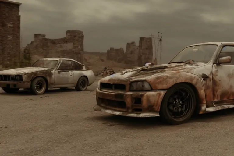 Prompt: Emma Watson driving in Mad Max Road Warrior, rusted, cobbled together Nissan R34 GTR, screenshot, cinematic Eastman 5384 film