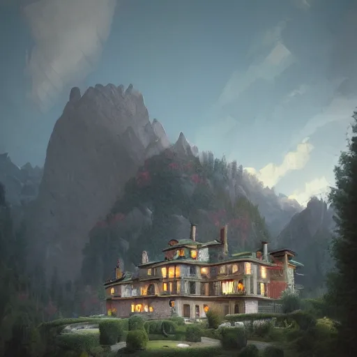 Prompt: a cozy mansion carved into a mountain side, big green trees, colorful clouds, dramatic lighting, artstation, matte painting, raphael lacoste, simon stalenhag, frank lloyd wright