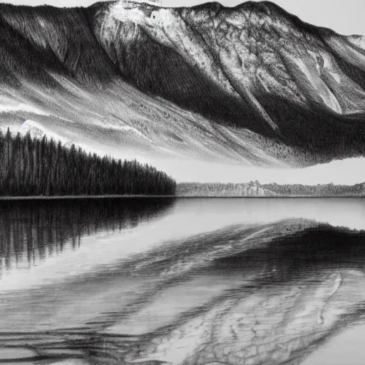 Image similar to lago di sorapis, hyper - realistic black and white drawing, hyper detailed