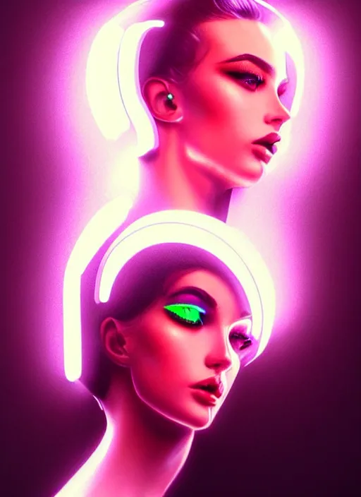 Image similar to photorealistic portrait of female humanoid, cyber neon lights, highly intricate, retro 6 0 s haute couture fashion, elegant, highly detailed, crispy quality, trending on artstation, trending on pinterest, glamor pose, no signature, no watermark, smooth, cinematic, art by artgerm and pascal blanche