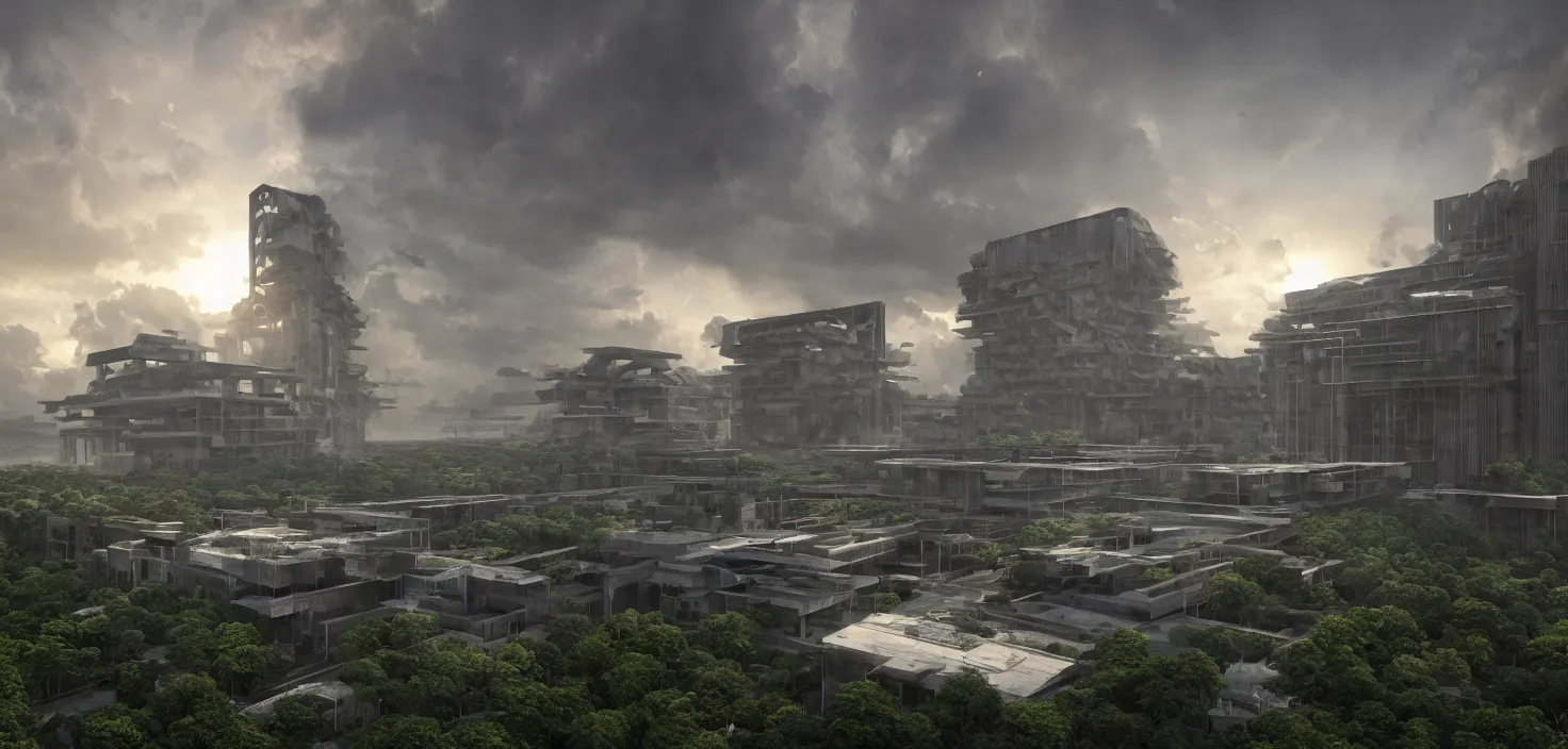 Prompt: brutalist architecture, surrounded by lush green vegetation, stunning volumetric lighting, sunset, metal, concrete, translucent material, stunning skies, 8k, photorealistic, hyper detailed, unreal engine 5, IMAX quality, cinematic, epic lighting, digital painting in the style of DOOM and Quake, by Greg Rutkowski, trending on Artstation