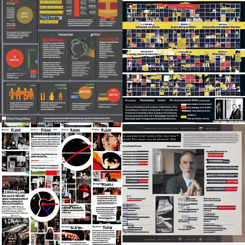 Prompt: infographics of a murder mystery, magazine layout, data visualization, suspects