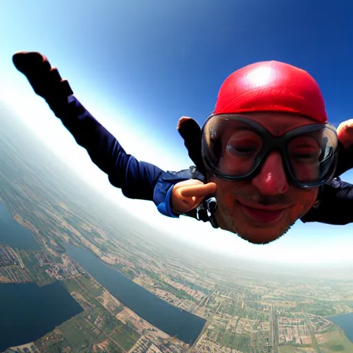 Image similar to corpulent trucker skydiving, fisheye lens