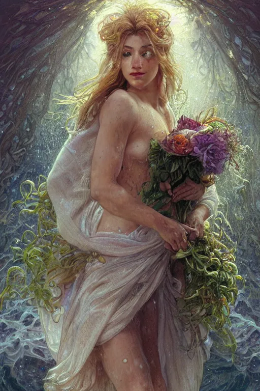 Image similar to portrait male anthro lion character wearing a white cloak, holding a bouquet of flowing flowers, water drenched body, wet dripping hair, emerging from the water, fantasy, regal, fractal crystal, fractal gems, by stanley artgerm lau, thomas kindkade, alphonse mucha, loish, norman rockwell