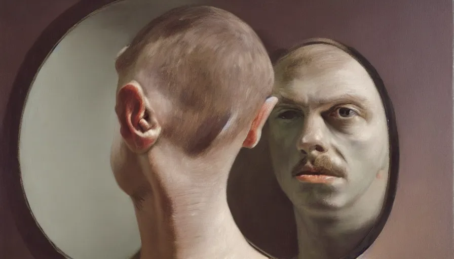 Prompt: painting by borremans, man in front of the mirror, detailed, stunning, hyperrealism, dynamic lighting