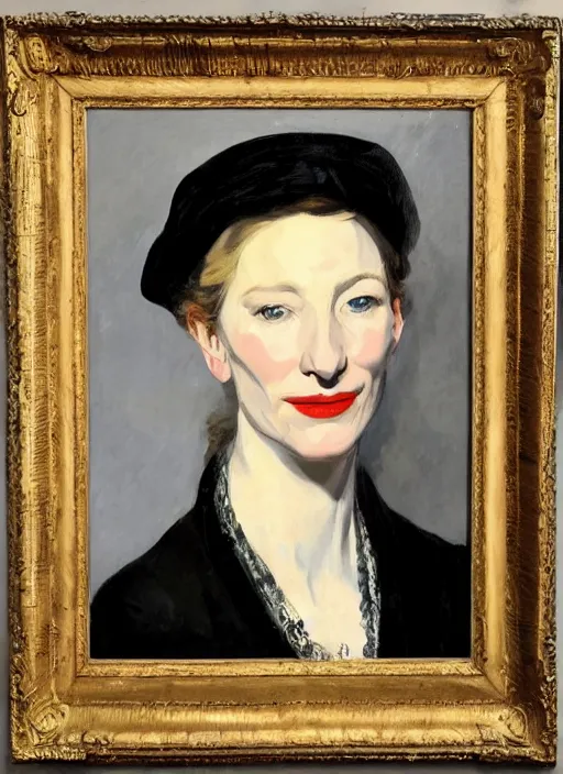 Prompt: An antique oil painting of cate blanchett by Manet, super detailed, photorealism, hd