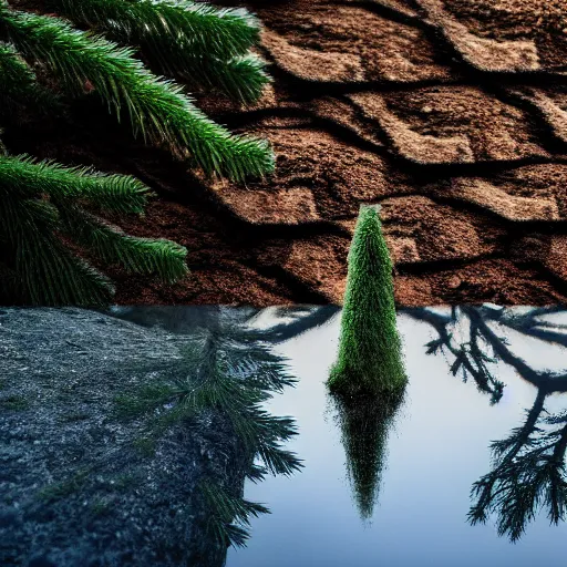 Prompt: concept art twisted small fir growing from a small rock in lake, reflection on the floor, jonathan solter, medium shot, cinematic