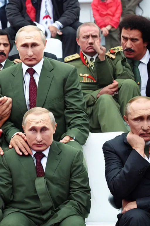 Image similar to human centipede with lukashenko putin gaddafi in roles