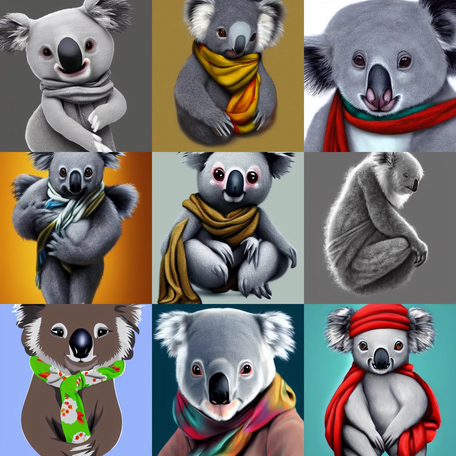 Prompt: a koala using a scarf, trending artstation