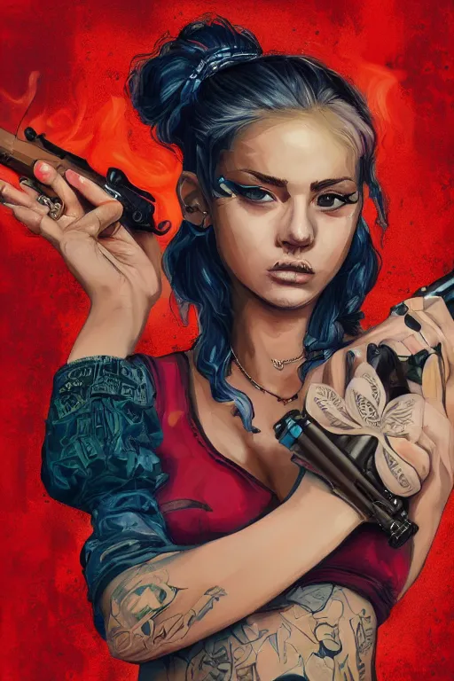 Image similar to painting of a gangster girl holding a gun and smoking, cute face, intricate, highly detailed, digital painting, official media, concept art, rich vivid colors, ambient lighting, sharp focus, illustration