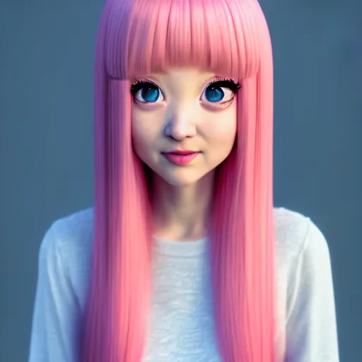 Image similar to A portrait of Nikki from Shining Nikki and Love, a cute 3d cgi toon young woman with long light pink hair, full bangs, hazel eyes, full face, light makeup, pale skin, Chinese heritage, cute outfit, medium shot, mid-shot, hyperdetailed, 8k, trending on artstation, as a Pixar character