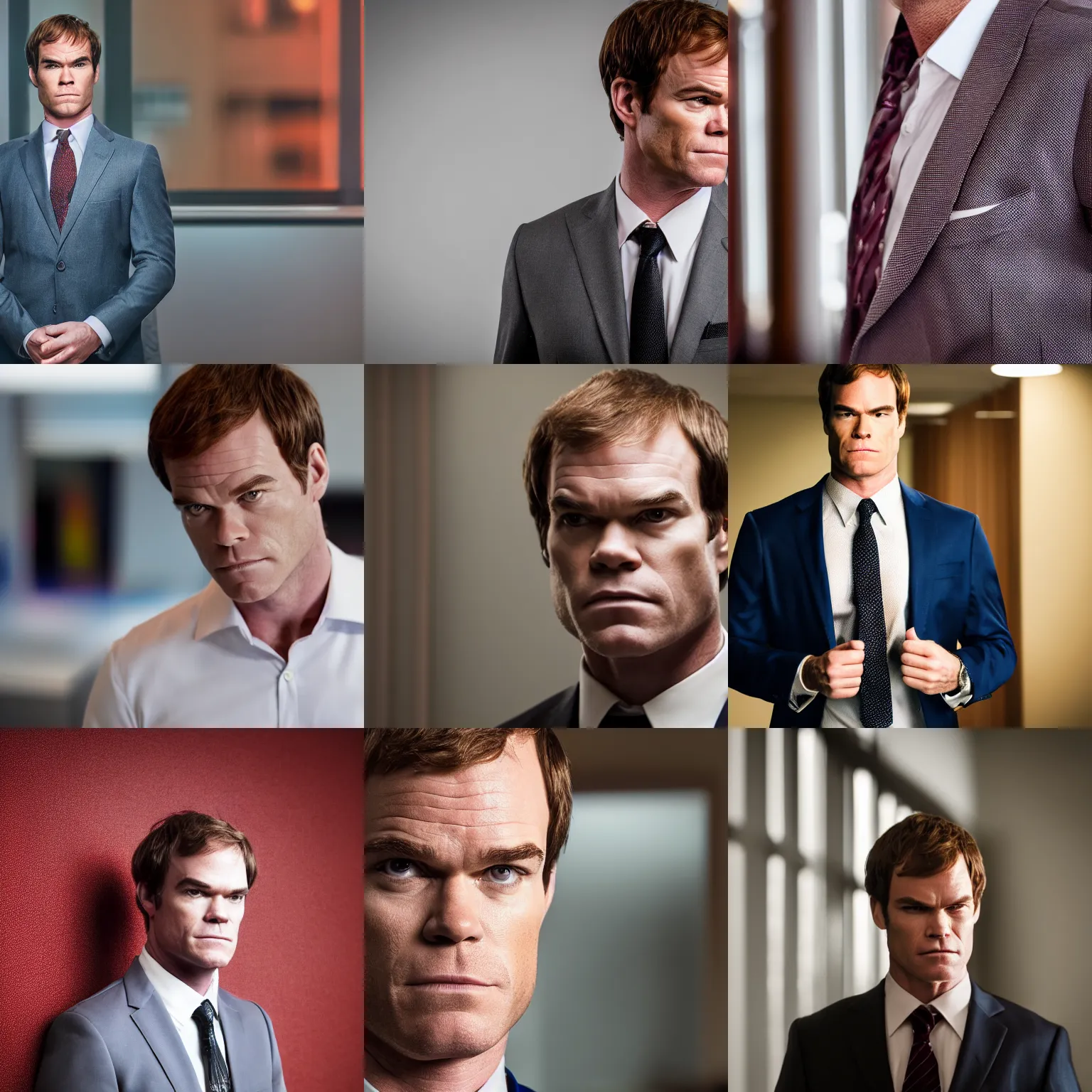 Prompt: Dexter Morgan, wearing a suit and tie, in the office, portrait photography, bokeh, depth of field, 4k