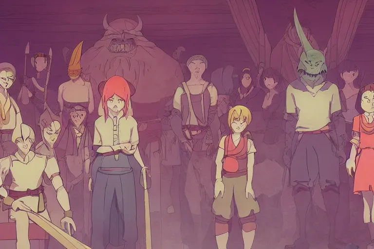 Image similar to cell shaded key visual of a group of adventurers in the throne room of the demon king, dramatic lighting, in the style of studio ghibli, moebius, makoto shinkai,