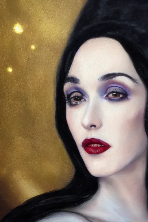 Prompt: hyperrealism oil painting, close - up portrait of isabelle adjani medieval brunette vampire fashion model, knight, steel gradient mixed with nebula sky, in style of baroque