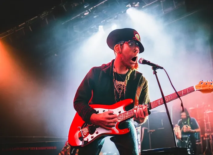 Prompt: photo still of mcgruff the crime dog on stage at vans warped tour!!!!!!!! at age 3 3 years old 3 3 years of age!!!!!!!! shredding on guitar, 8 k, 8 5 mm f 1. 8, studio lighting, rim light, right side key light