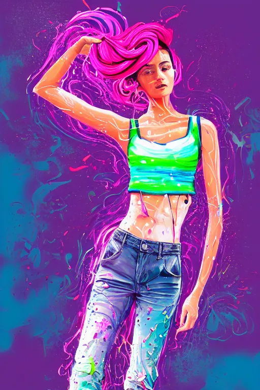 Image similar to a award winning half body portrait of a beautiful woman in a croptop and cargo pants with ombre purple pink teal hairstyle and hands in pockets by ari liloan, surrounded by whirling illuminated lines, paint splashes and splatter, outrun, vaporware, shaded flat illustration, digital art, trending on artstation, highly detailed, fine detail, intricate