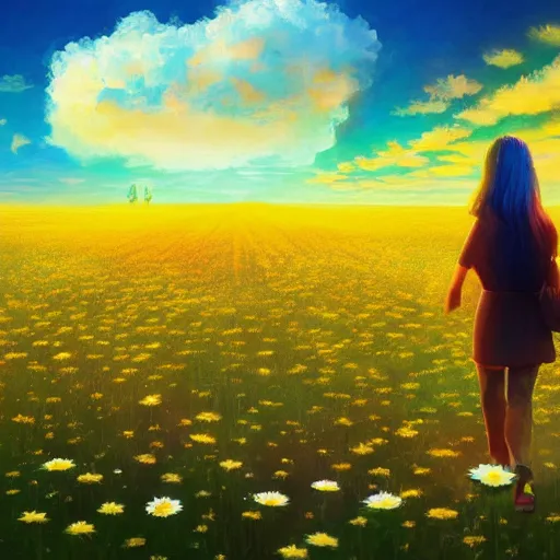 Prompt: giant daisy flower as face, full body, girl walking in a flower field, surreal photography, sunrise dramatic light, impressionist painting, colorful clouds, digital painting, artstation, simon stalenhag, flower face
