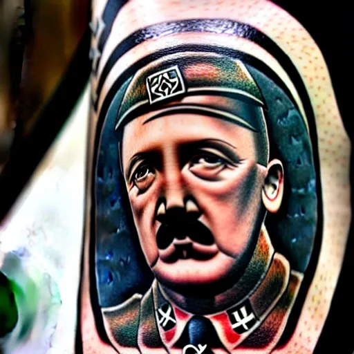 Image similar to tattoo of adolf hitler and coat of arms of ukraine many details, super realistic, high quality, 8 k