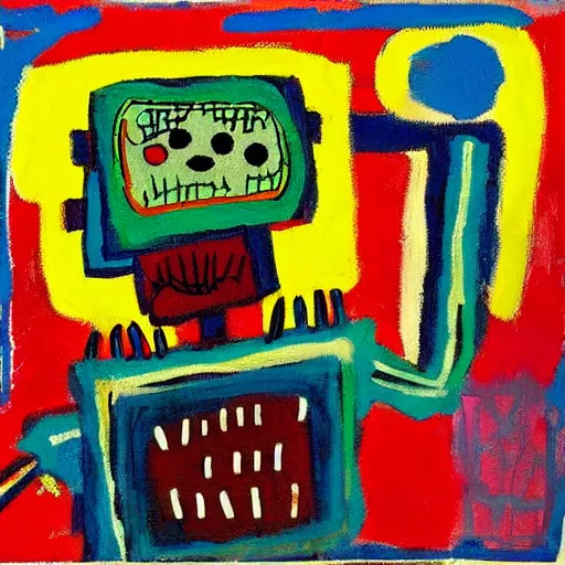 Image similar to a little robot lying in a flower field, painted by basquiat