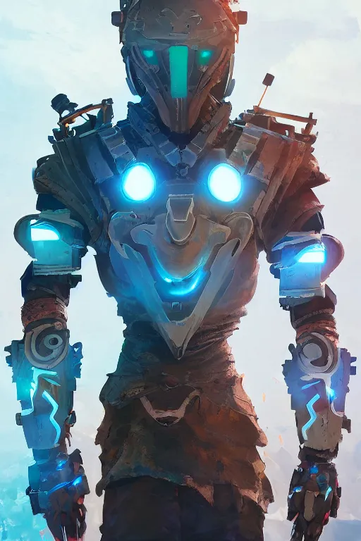 Image similar to combination suit armor aloy horizon forbidden west horizon zero dawn radiating a glowing aura global illumination ray tracing hdr fanart arstation by ian pesty and alena aenami artworks in 4 k tribal robot ninja mask helmet backpack