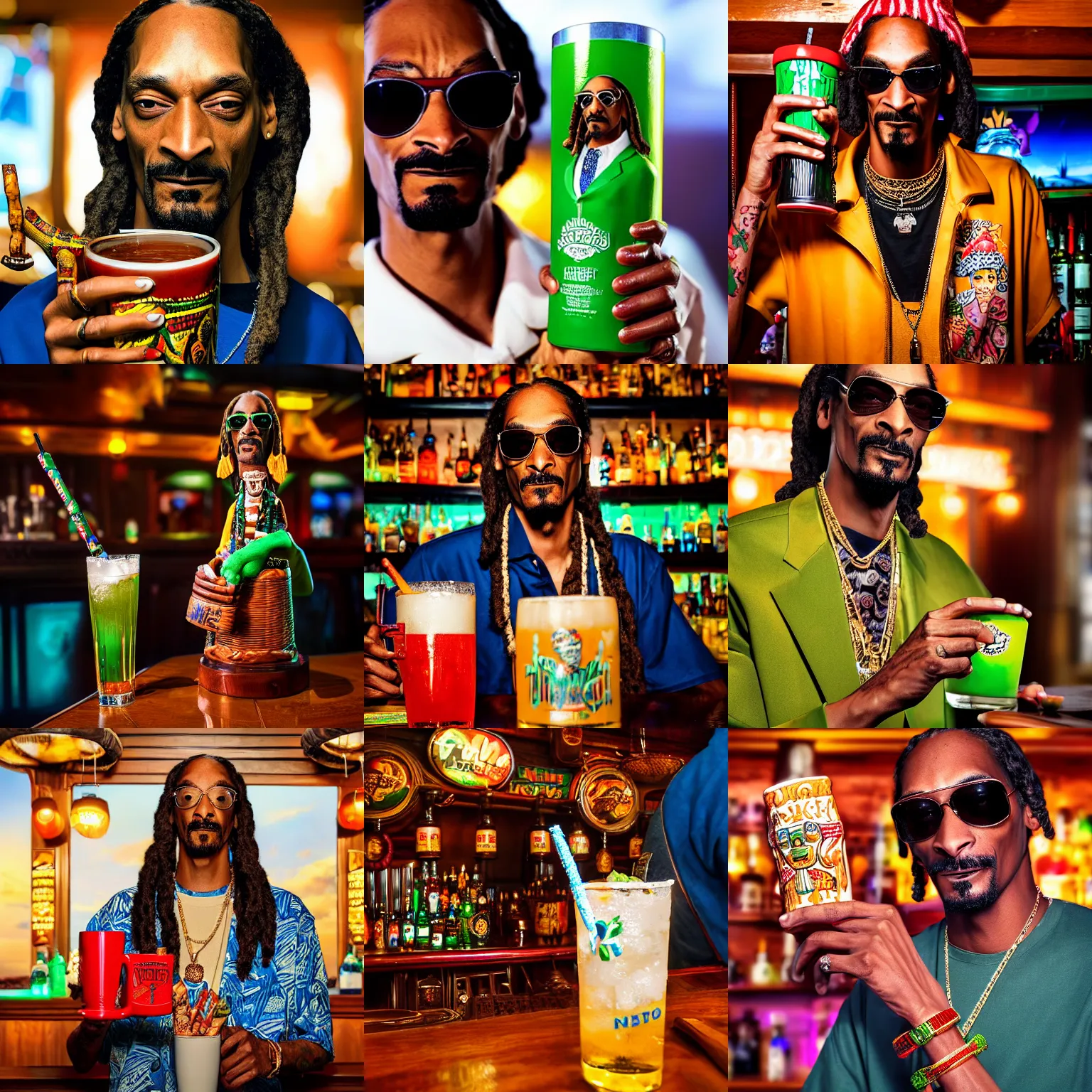 Prompt: a closeup photorealistic photograph of snoop dogg at trader vic's bar holding a snoop dogg tiki mug. brightly lit scene. this 4 k hd image is trending on artstation, featured on behance, well - rendered, extra crisp, features intricate detail, epic composition and the style of unreal engine.