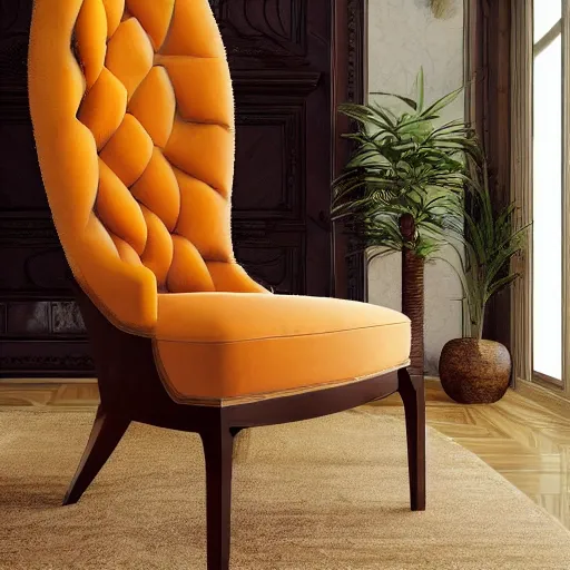 Image similar to a mango armchair highquality hyperrealistic commercial photograhy luxurious