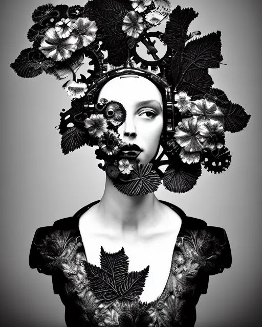 Image similar to masterpiece monochrome profile portrait painting, dutch masters, silver lace floral steampunk biomechanical beautiful one techno eye young female cyborg, big monocular, volumetric light, leaves foliage and stems, hibiscus flowers, by cecile beaton, rim light, big gothic fashion pearl embroidered collar, 8 k