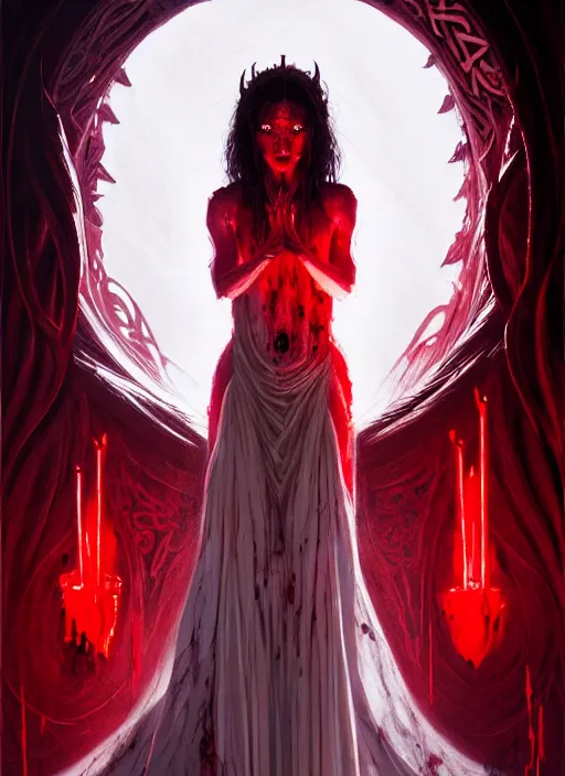 Prompt: portrait of a beautiful demon in a flowing dress made of blood, carving glowing bloody runes into a profane altar, intricate, glowing, runes, portal to hell, elegant, highly detailed, digital painting, artstation, concept art, smooth, sharp focus, illustration, art by wlop, mars ravelo and greg rutkowski