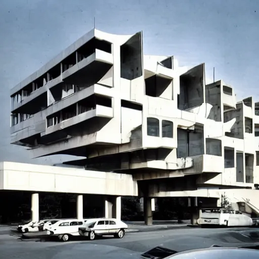 Image similar to second story cantilevered white brutalist office on top of 2 large piers, large windows, elegant, white stone, proportion, golden ratio, epic composition, steel window mullions, cars parked underneath, 1 6 : 9