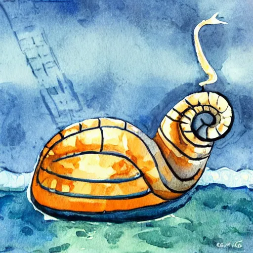 Image similar to a viking snail, on a ship at sea. watercolor painting