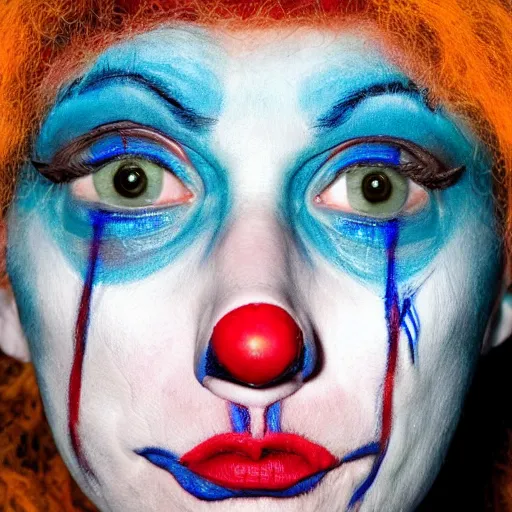 Image similar to a person with blue hair and a clown makeup, a photorealistic painting by cindy sherman, dribble, plasticien, horror film, antichrist, creepypasta