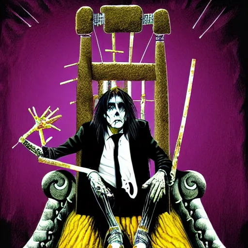 Prompt: graphic illustration, creative design, alice cooper sitting on a throne, biopunk, francis bacon, highly detailed, hunter s thompson, concept art