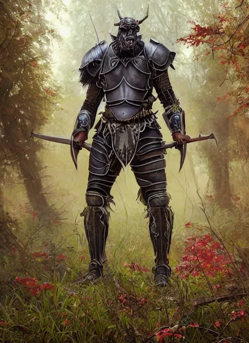 Prompt: a portrait painting of a grim male orc wearing plate armor on a beautiful lush forest meadow, morning, art by Tristan Eaton, Stanley Artgerm, Tom Bagshaw, Greg Rutkowski, Carne Griffiths