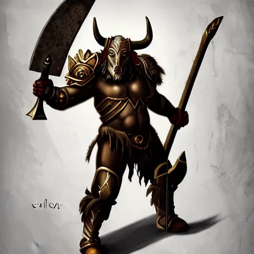 Prompt: Minotaur warrior with axe, human body, natural background, bull head, concept art, paladin golden armor, high details, symmetrical, full body, digital painting, dark fantasy, guildwar artwork