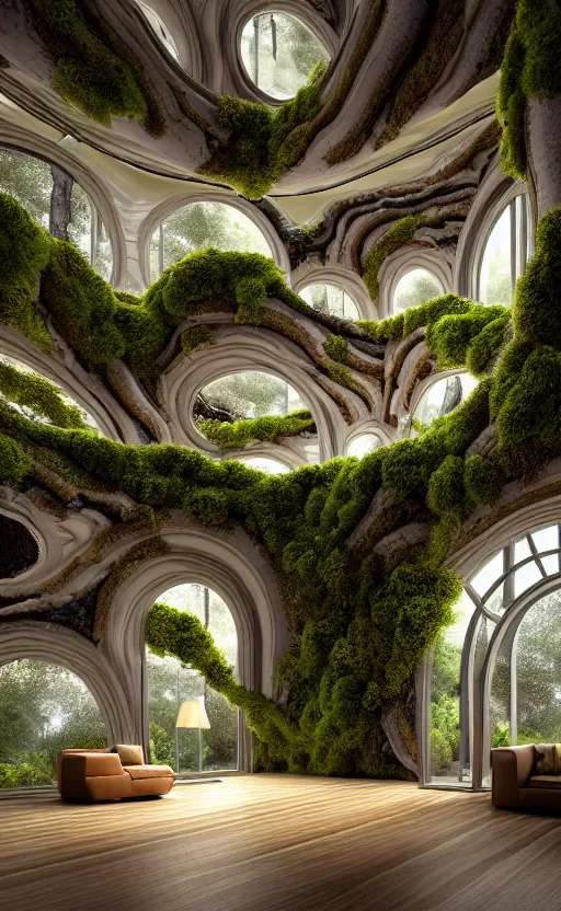 Image similar to highly detailed villa natural beautiful light interior soft cinematic composition of a smooth ceramic porcelain biomorphic magnolia stone nebula fluid sci - fi surreal colorful architecture landscape, furniture, granite, trees, marble, moss, lichen, fungi, vincent callebaut composition, mamou - mani, archviz, 8 k, unreal engine, hdr