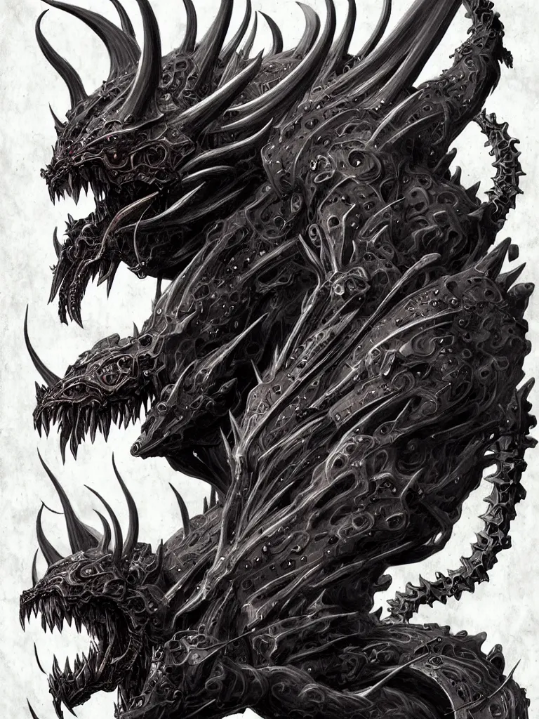 Image similar to exquisite imaginative creature beast from chinese mythology, nanotech demonic monster horror, frontal symmetry, sharp, ghost in the shell, slender and densely arranged teeth, rna bioweapon, poster art, movie art, elegant, illustrated by kentaro miura, game, movie concept art, by brom gerald